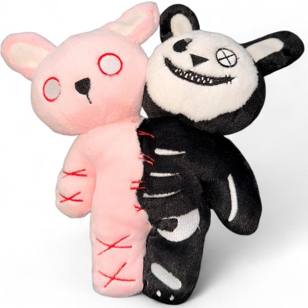 Adorable Black Pastel Pink Creepycute Gemini Siamese Twin Bunnies Plushie 10”